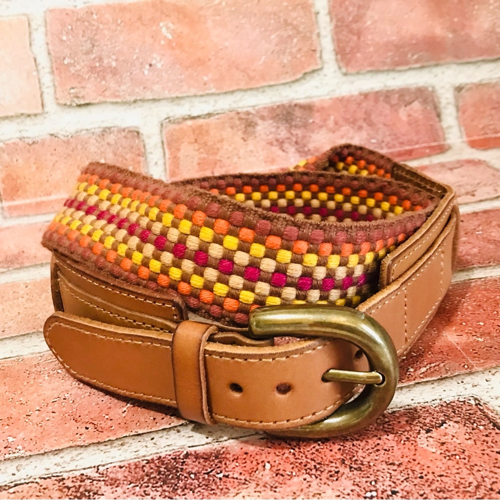 Fossil Women’s Sunset Tone Checked Woven Belt Genuine Leather Bronze Buckle Sz-M
